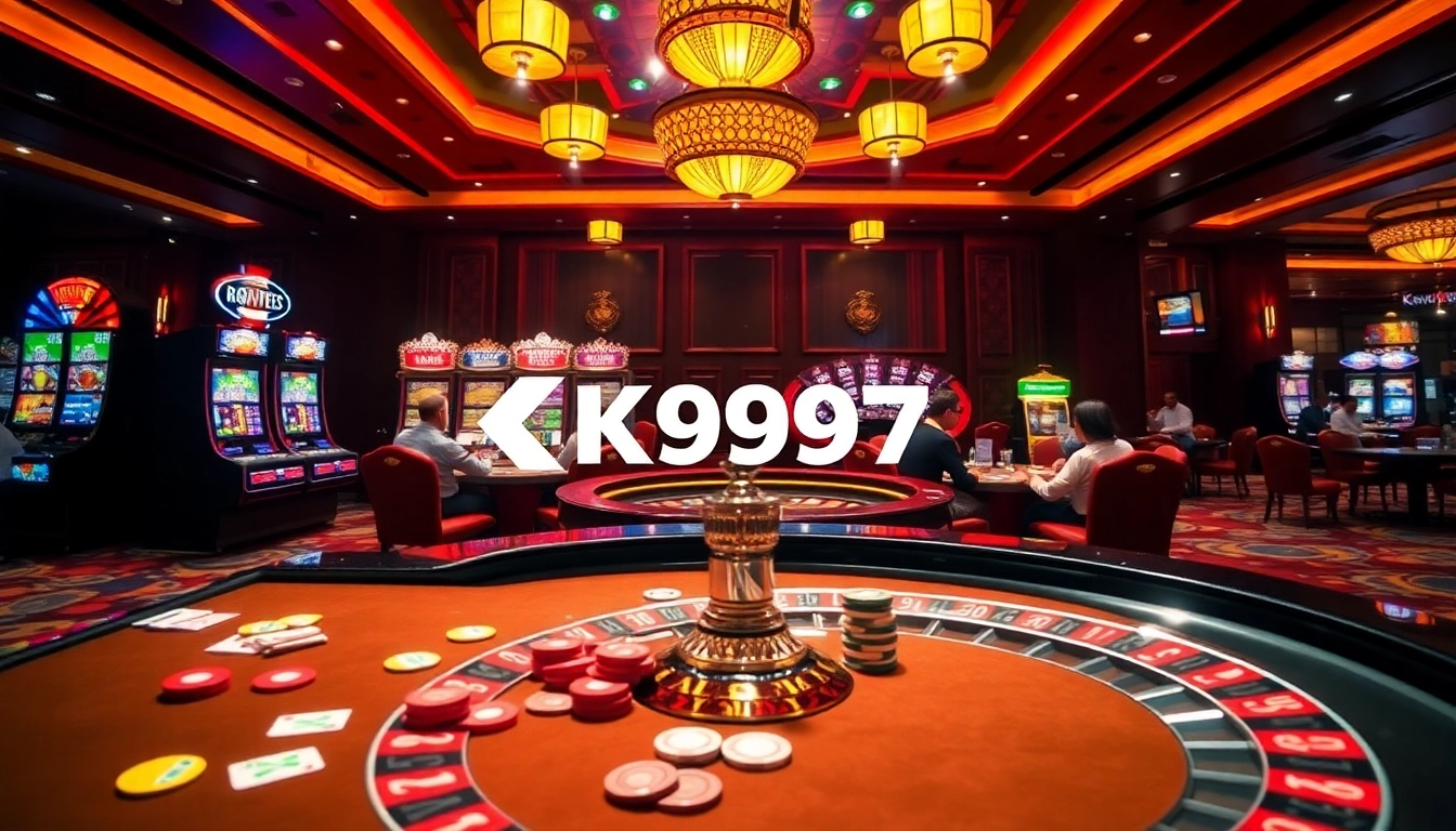 Jogadores da K997 aproveitando uma empolgante experiência de cassino com máquinas caça-níqueis vibrantes e mesas de roleta.
