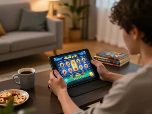 Engaged player exploring GG88 SLOT games on a tablet in a cozy home setting, enhancing online gambling experience.