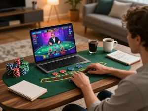 Jogador AAVIP participando de blackjack com dealer ao vivo em casa, mostrando uma experiência de jogo online confortável