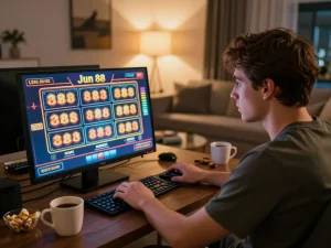 Engaging in immersive online gaming experience with Jun 88 slots on laptop.