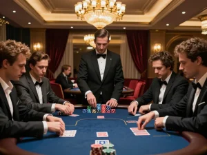 Players engaged in a high-stakes poker game at an upscale casino, showcasing skill and strategy with gk888.