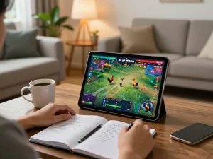 Engaged in đá gà thomo online, a player analyzes live matches on a tablet in a cozy home setting.