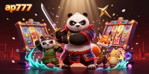 Jogue slots emocionantes no ap777 com um panda samurai e elementos vibrantes de cassino.
