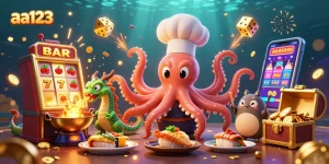 Jogue jogos emocionantes no aa123, apresentando um chef polvo em cartoon e elementos vibrantes de cassino.