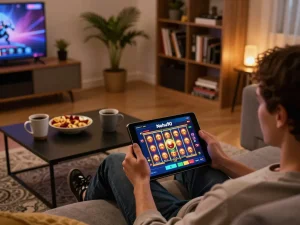 Nohu90 user engaged in online slot gaming on tablet in cozy home setup
