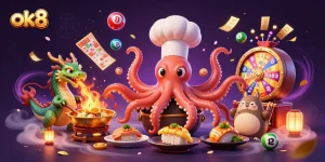 Experience exciting wins at ok8 through this vibrant 3D casino scene featuring animated characters and playful lottery elements.