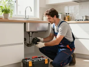 Professional plumber in São Paulo fixing kitchen pipes, showcasing Encanador em São Paulo services with advanced tools in a modern home setting.