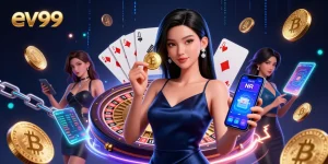 ev99 showcases an Asian woman holding a casino app, highlighted by vibrant gaming elements.