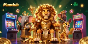 Engage in thrilling gameplay at Manclub with a 3D illustration featuring vibrant casino elements and iconic characters.