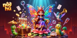 Nổ hũ reels spinning with golden coins and a colorful butterfly queen in a vibrant casino scene
