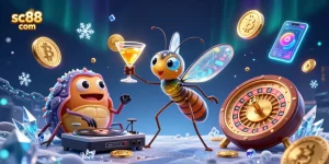 Engage with sc88 com at a vibrant casino scene featuring captivating animated characters and cryptocurrency elements.