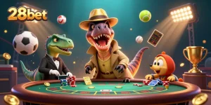 Experience exciting casino action at 28bet with a playful velociraptor card counter.