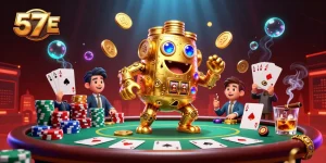 Engage in thrilling casino action with 57 E's vibrant poker scene featuring a golden golem.