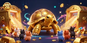 Experience the excitement of kèo nhà cái with colorful visuals of a golden tortoise pinball machine and treasures.