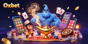 Experience the magic of Oxbet with vivid casino action featuring a genie, poker chips, and vibrant slot games.