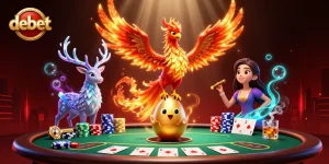 Experience debet casino thrills with a vibrant 3D phoenix and poker elements in action.