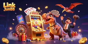 Experience excitement at Link Jun88 as playful dinosaurs win jackpots with slot games in a vibrant casino setting.