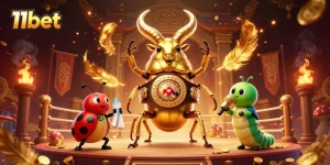 11bet features an epic boxing match between a giant stag beetle and supporting characters in vibrant casino chaos.