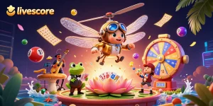 Track live scores, updates, and stats with livescore as a frog croupier deals cards in vibrant, engaging casino scene.