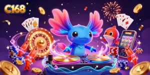 C168 features an axolotl DJ spinning casino-themed records with vibrant aquatic characters, showcasing winning vibes.