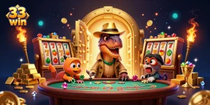 Experience thrilling gameplay with a 3D velociraptor at a blackjack table in this vibrant 33 win illustration.