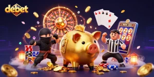 Engage with the debet gaming experience featuring a golden piggy bank sumo wrestler and dynamic casino elements.