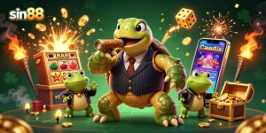 Experience thrilling wins at sin88 with a vibrant casino scene featuring a snapping turtle and lucky symbols.