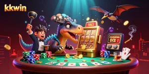 kkwin's pachycephalosaurus engaging a golden slot machine for jackpot coins in a vibrant casino scene