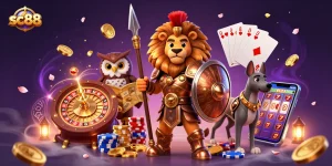 Engage with sc88’s thrilling online gaming experience featuring a Spartan lion and casino elements.