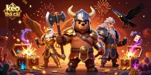 Engaging action scene with kèo nhà cái showcased, featuring a Viking bear, Valkyrie eagle, and casino elements.