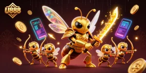 Engage with U888 at the lively online casino scene featuring vibrant characters and gambling elements.