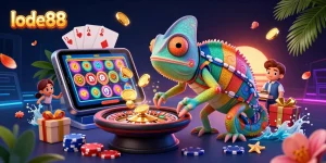 Engage with lode88's vibrant 3D casino scene featuring a chameleon owner, smartphones, and golden coins.