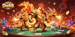 Engage in the excitement of đại lý Da88 VN with a vibrant illustration showcasing a rooster warrior, dragon hatchling, and fortune cat amidst a lively poker scene.