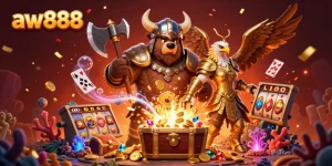Experience the exciting world of aw888 as the Viking bear and Valkyrie eagle celebrate with gold coins, in a vibrant casino-themed scene.