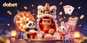dabet features a vibrant lion dance in a dynamic casino scene filled with coins and game elements.